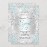 Invitation Sweet 16 Party Photo Argent bleu Turquoise Flocon<br><div class="desc">Turquoise bleu argent Sweet 16e anniversaire fête. Fête d'anniversaire de Tiara. Snowflakes Winter Wonderland et blanc dentelle argent étoiles parties scintillant brillant brillant. Joli adorable Veuillez noter : pas de véritable dentelle ou bijoux/pierres précieuses. N'importe quel âge Anniversaire. Customisez avec vos propres détails et votre âge. Modèle pour n'importe quel...</div>