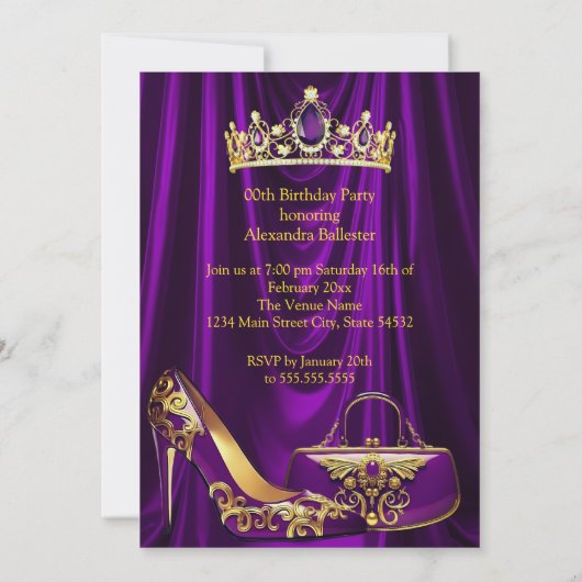 Invitation Sweet 16 Party Purple Tiara High heel Purse Gold (Dos)