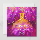 Invitation Sweet 16 Party Robe rose violet or brillant (Devant)