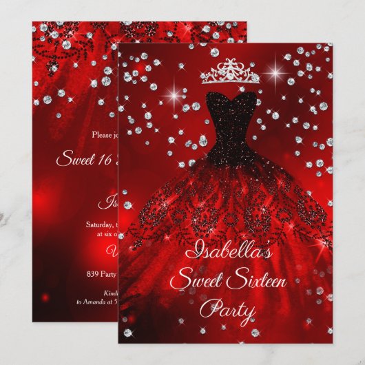 Invitation Sweet 16 Party Robe rouge étincelante TIARA (Devant / Derrière)