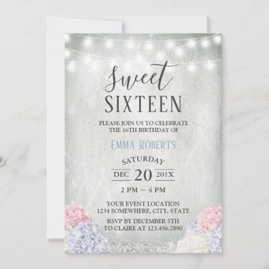 Invitation Sweet 16 Party Rustic Hydrangeas élégant floral (Devant)