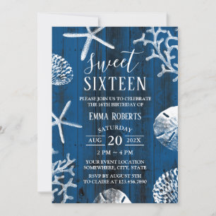 Invitation Sweet 16 Party Rustic Navy Blue Beach Starfish