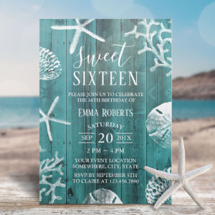 Invitation Sweet 16 Party Rustic Turquoise Beach Starfish