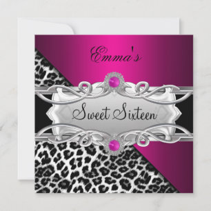 Invitation Sweet 16 Party Silver rose noir blanc léopard