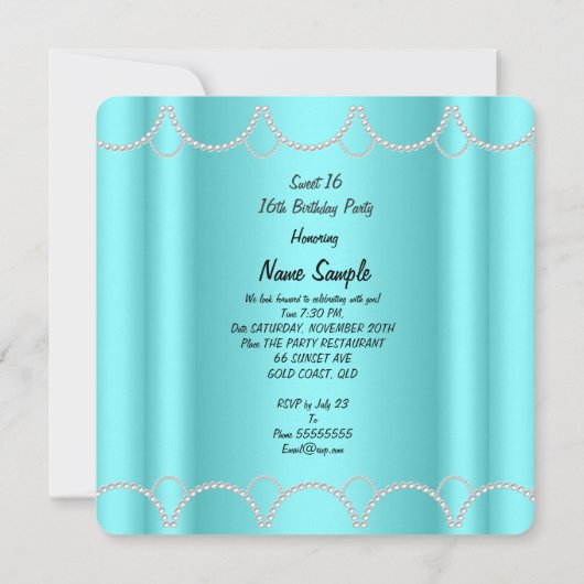 Invitation SWEET 16 Perle de papillon bleu Turquoise fête d'a (Dos)