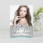 Invitation Sweet 16 Photo Blue Silver Diamond Jewel Party (Debout devant)