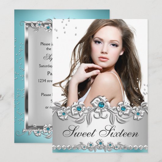 Invitation Sweet 16 Photo Blue Silver Diamond Jewel Party (Devant / Derrière)