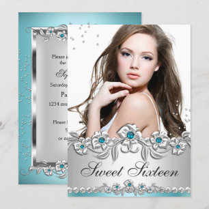 Invitation Sweet 16 Photo Blue Silver Diamond Jewel Party