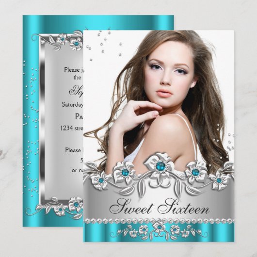 Invitation Sweet 16 Photo Turquoise Bleu Joyau Diamant Argent (Devant / Derrière)