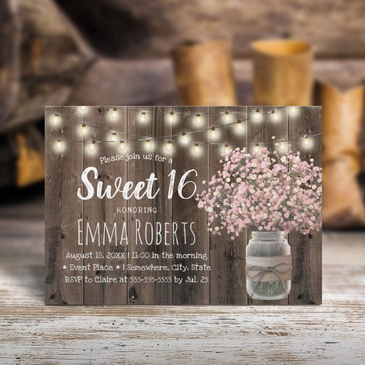 Invitation Sweet 16 Pink Baby's Breath Floral Jar Barn Bois