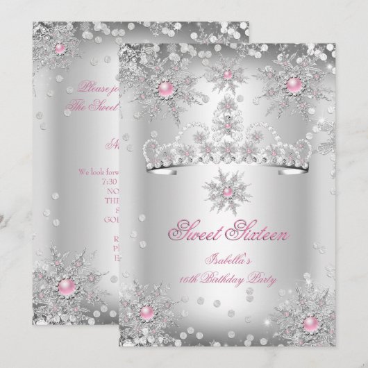 Invitation Sweet 16 Pink Silver Winter Wonderland (Devant / Derrière)