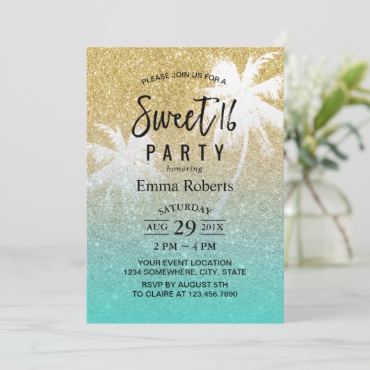 Invitation Sweet 16 Plage tropicale Palm Tree Or moderne (Debout devant)