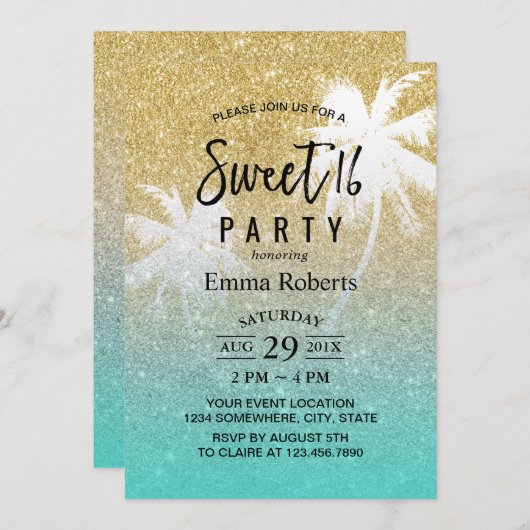 Invitation Sweet 16 Plage tropicale Palm Tree Or moderne (Devant / Derrière)