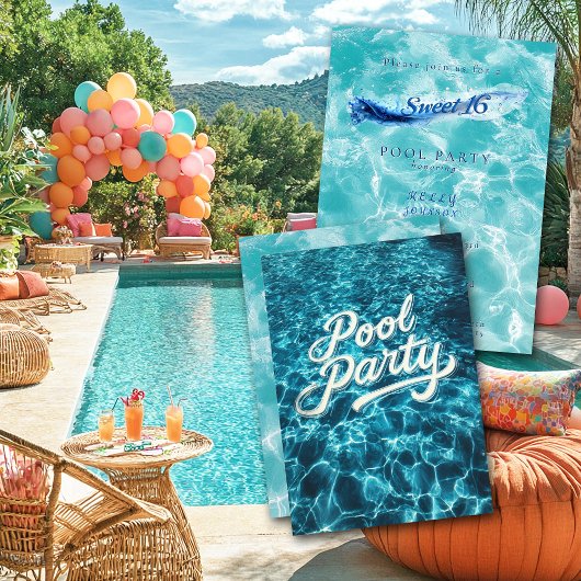 Invitation Sweet 16 Pool Party Blue Water Bulles