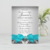 Invitation Sweet 16 Pretty Silver & Teal Damassé (Debout devant)