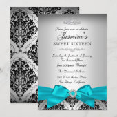 Invitation Sweet 16 Pretty Silver & Teal Damassé (Devant / Derrière)