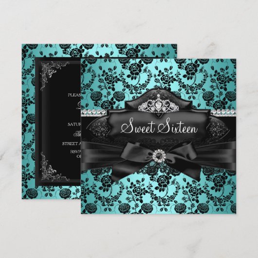 Invitation Sweet 16 Pretty Tiara & Bow Sarcelle (Devant / Derrière)