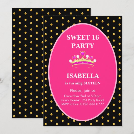 Invitation Sweet 16 Princess Crown Anniversaire (Devant / Derrière)