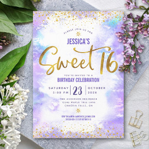 Invitation Sweet 16 Purple Aquarelle Or Fille Anniversaire