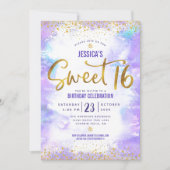 Invitation Sweet 16 Purple Aquarelle Or Fille Anniversaire (Devant)