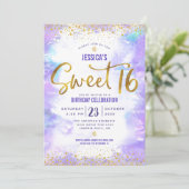 Invitation Sweet 16 Purple Aquarelle Or Fille Anniversaire (Debout devant)