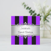 Invitation Sweet 16 Purple Black Stripes Silver Jewel Party (Debout devant)
