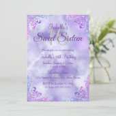 Invitation Sweet 16 Purple Lilac Silver Pearl Damask (Debout devant)