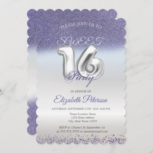 Invitation Sweet 16 Purple Parties scintillant Bokeh Ombre Pa (Devant / Derrière)