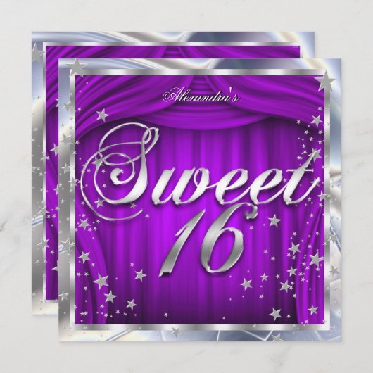 Invitation Sweet 16 Purple Silver 16e fête d'anniversaire (Devant / Derrière)