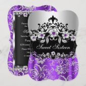 Invitation Sweet 16 Purple Silver Black Floral Jewel Party (Devant / Derrière)