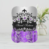 Invitation Sweet 16 Purple Silver Black Floral Jewel Party (Debout devant)