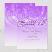 Invitation SWEET 16 Purple & Silver Sparkle Stars Party (Devant / Derrière)