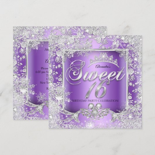 Invitation Sweet 16 Purple Silver Tiara Winter Wonderland (Devant / Derrière)