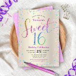 Invitation Sweet 16 Rainbow Parties scintillant Confetti Gold<br><div class="desc">"Bonne Douce 16". Envoyez cette invitation de fête étonnante, pétillante, girly, festive, moderne, personnalisée pour un événement à retenir. La typographie de script de parties scintillant arc-en-ciel, ainsi que les fêtes turquoise, rose violet et confetti d'or, recouvre un arrière - plan métallique de feuille d'or de champagne. Un motif à...</div>
