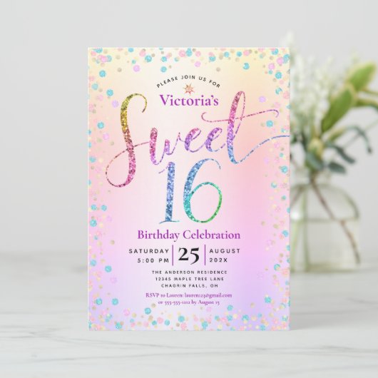 Invitation Sweet 16 Rainbow Parties scintillant Confetti Ombr (Debout devant)