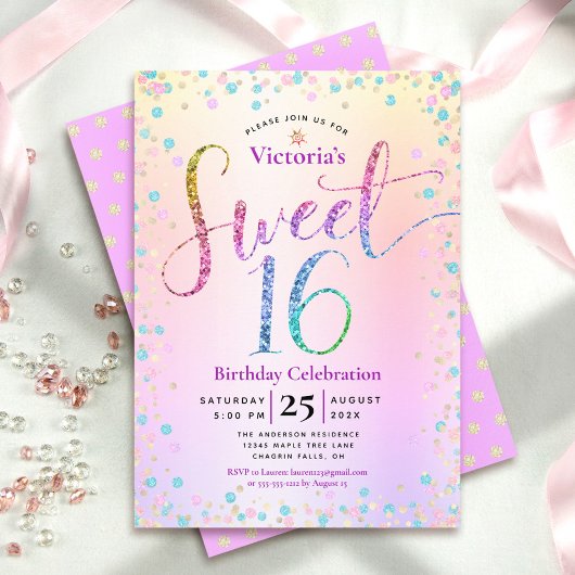 Invitation Sweet 16 Rainbow Parties scintillant Confetti Ombr