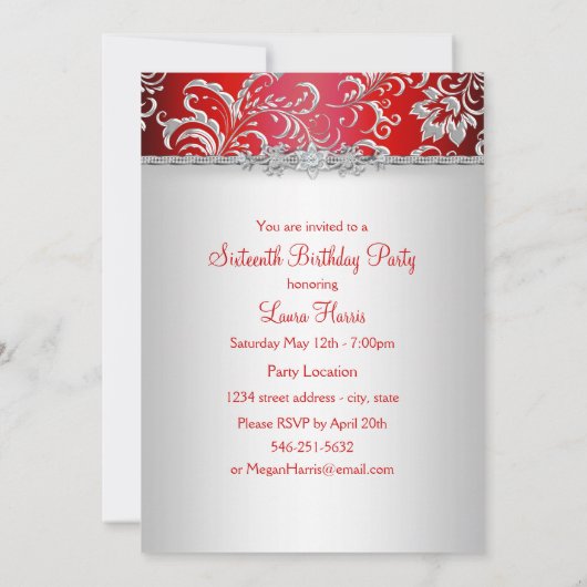 Invitation Sweet 16 Red Bow & Sparkle Diamond Annonces (Dos)