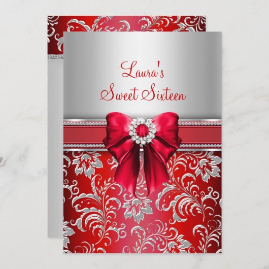 Invitation Sweet 16 Red Bow & Sparkle Diamond Annonces (Devant / Derrière)