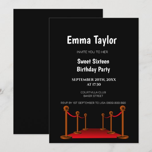 Invitation Sweet 16 Red Carpet Hollywood Confetti Anniversair (Devant / Derrière)