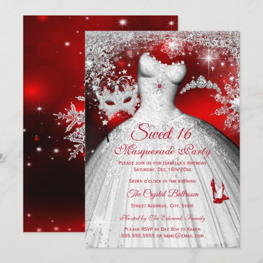 Invitation Sweet 16 Red Princess Masquerade Silver Party (Devant / Derrière)