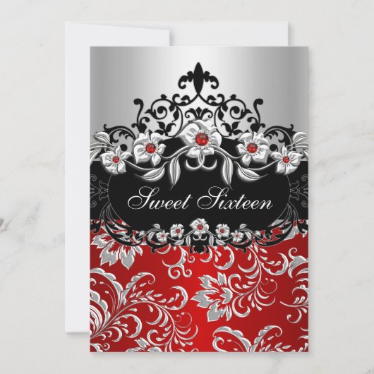 Invitation Sweet 16 Red Silver Black Floral Jewel Party (Devant)
