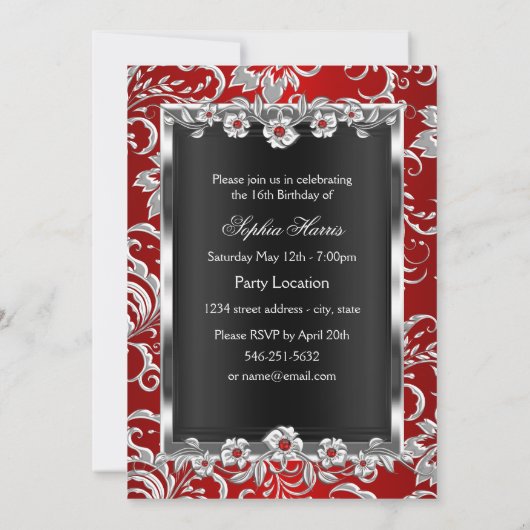 Invitation Sweet 16 Red Silver Black Floral Jewel Party (Dos)