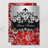 Invitation Sweet 16 Red Silver Black Floral Jewel Party (Devant / Derrière)