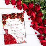 Invitation Sweet 16 red white dress glamorous<br><div class="desc">A modern,  stylish and glamorous invitation for a Sweet 16,  16th birthday party.  A white background with sparkles,  a red dress and red roses,  florals.  The name is written with a modern hand lettered style script.  Personalize and add your party details.</div>