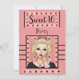 Invitation Sweet 16 Retro Vintage Party Coeur Rose fille rose
