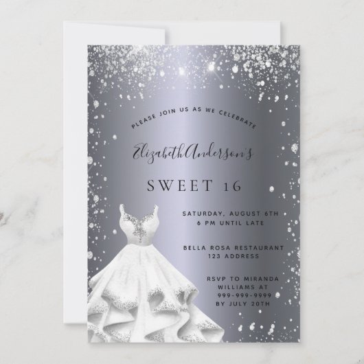 Invitation Sweet 16 robe argent parties scintillant brillant (Devant)