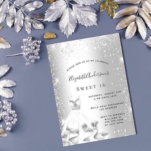 Invitation Sweet 16 robe argent parties scintillant glamour