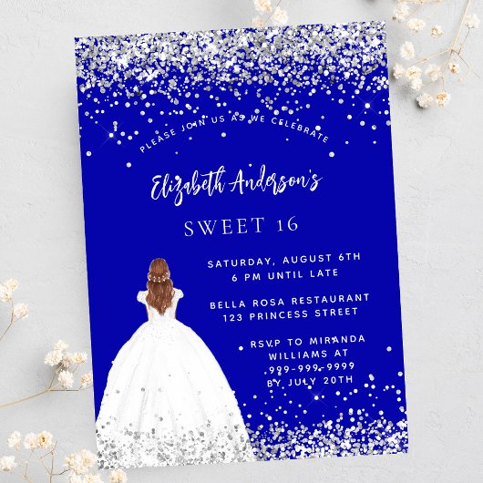 Invitation Sweet 16 robe de parties scintillant bleue royale