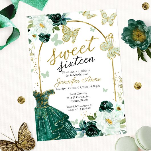 Invitation Sweet 16 Robe Florale Butterfly Emerald Green