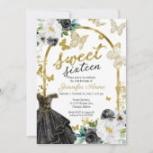 Invitation Sweet 16 Robe Florale Papillon noir Or (Devant)